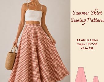 Maxi Summer Skirt Sewing Pattern, High Waist Easy Skirt, Half Circle, XS-4XL