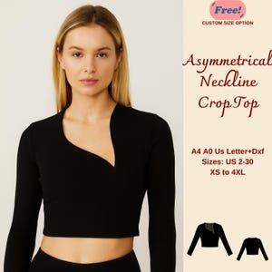 Puede incluir: Un top corto negro con cuello asimétrico y mangas largas. La imagen incluye el texto "Asymmetrical Neckline Crop Top" y "Tallas: US 2-30 XS to 4XL".