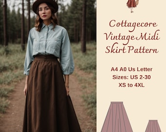 Cottagecore Vintage Midi Skirt Sewing Pattern, Full Circle Skirt, Midi Skirt Pattern, Circle Skirt, Elastic Waist Skirt,  A4 A0 US 2-30