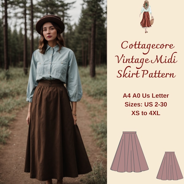 Cottagecore Vintage Midi Skirt Sewing Pattern, Full Circle Skirt, Midi Skirt Pattern, Circle Skirt, Elastic Waist Skirt,  A4 A0 US 2-30