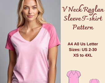 V-Neck Raglan Sleeve T-shirt Sewing Pattern, Women's Relaxed Fit (PDF Pattern XS-4XL)