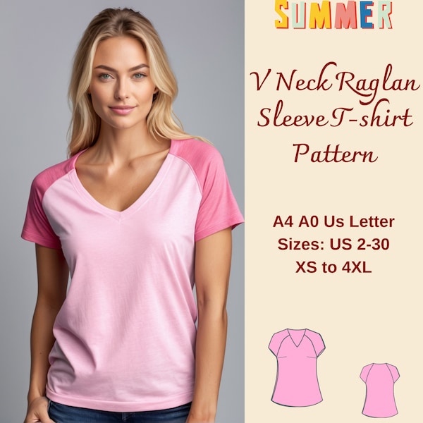 V neck Top Sewing Pattern, Raglan Sleeve T-Shirt, Relaxed Fit T-Shirt For Women, Basic T-Shirt pattern, Short Sleeve Blouse Shirt, , XS-4XL