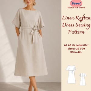 Linen Kaftan Dress Sewing Pattern, Boat Neck Summer Dress, In Seam Pockets, Tie Waist, XS-4XL