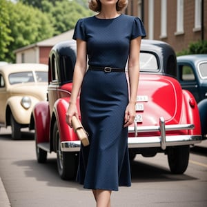 May include: A woman in a navy blue polka dot dress with a black belt and black heels. She is standing in front of a red car with a black roof.