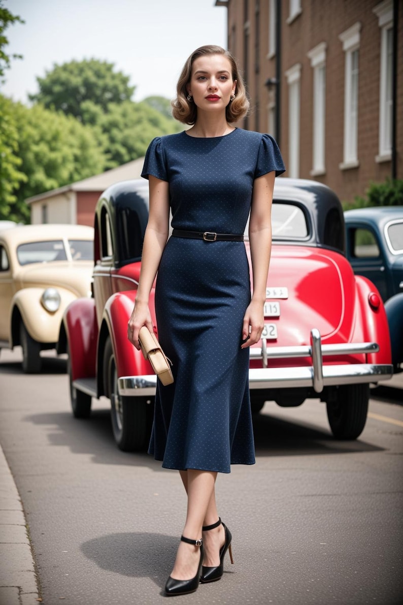May include: A woman in a navy blue polka dot dress with a black belt and black heels. She is standing in front of a red car with a black roof.