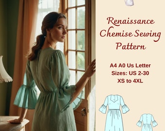 Patron de couture de chemise Renaissance, chemise Cottagecore, fée, régence, robe elfique, chemise de nuit médiévale, jupe froncée, régence, TP-4XL