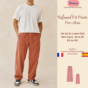Może przedstawiać: Osoba w białej koszulce i luźnych spodniach w kolorze rdzy. Obraz zawiera tekst "Relaxed Fit Pants For Men" i "Custom Size Option". Rozmiary spodni wahają się od 35 do 56 i od XS do 4XL.