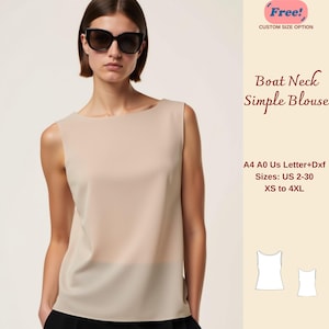 Puede incluir: Un patrón de descarga digital para una blusa sin mangas con cuello de barco. El patrón incluye tallas XS a 4XL y está disponible en tamaños A4, A0 y US Letter. El patrón está en formatos PDF, DXF y SVG.