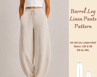 Barrel Leg Linen Pants Sewing Pattern, Women Elastic Waist Pants, Summer Trousers, XS-4XL