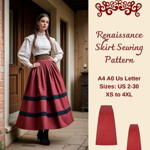 May include: A red Renaissance skirt sewing pattern with black trim. The pattern is available in sizes US 2-30, XS to 4XL. The pattern is printed on A4, A0, and US Letter paper.