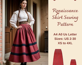 Renaissance Gathering Skirt Sewing Pattern: US 2-30, XS-4XL (PDF Pattern)