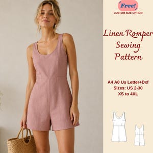 Peut inclure: Un patron de couture pour combishort en lin rose poudré avec corsage sans manches et short. Le texte indique Free! CUSTOM SIZE OPTION, Linen Romper Sewing Pattern, A4 A0 Us Letter+Dxf, Sizes: US 2-30, XS to 4XL, avec un dessin technique du vêtement.