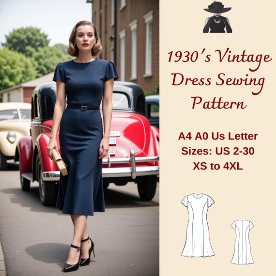 1930's Vintage Dress Sewing Pattern, Vintage Dress Pattern, 1900s dress Pattern, Retro Dress, 1930s dress, XS-4XL