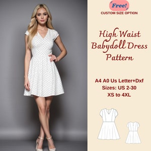 High Waist Babydoll Dress Sewing Pattern, Babydoll Dress, Stardoll Dress, Barbie Dress, Circle Skirt Dress, Mini Summer Dress,  XS-4XL