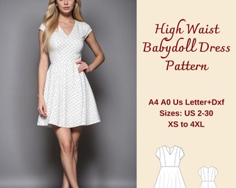 High Waist Babydoll Dress Sewing Pattern, Babydoll Dress, Stardoll Dress, Barbie Dress, Circle Skirt Dress, Mini Summer Dress,  XS-4XL