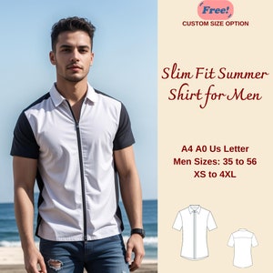 Slim Fit Men&#39;s Shirt Sewing Pattern, Front Zipper Shirt Pattern, Simple Shirt Pattern for Men, Men Size 36 to 56, S to 4 XL A4 A0