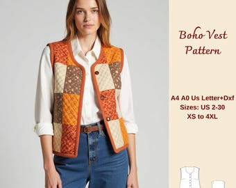 Boho Quilted Vest Sewing Pattern: Patchwork Style (XS-4XL) (PDF Pattern)