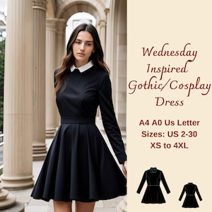 Peut inclure: Une robe noire à col blanc et manches longues. La robe a une jupe évasée et est inspirée du personnage de Mercredi Addams. Le texte "Wednesday Inspired Gothic/Cosplay Dress" est écrit en cursive rouge. Le texte "A4 A0 Us Letter Sizes: US 2-30 XS to 4XL" est écrit en noir.