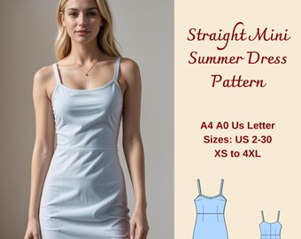 Spaghetti Strap Mini Summer Dress Sewing Pattern, Babydoll Dress, Sundress Pattern, Sleeveless Straight Summer Dress Pattern, XS-4XL