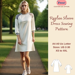 Raglan Dress Sewing Pattern, Shift Dress Pattern, T-Shirt Dress, Summer Dress, Tee Dress Pattern, Raglan Sleeve Dress, Basic Dress, XS-4XL