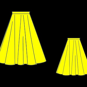 May include: Two yellow skirts, one longer than the other, with pleats and a simple design.