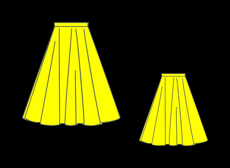 May include: Two yellow skirts, one longer than the other, with pleats and a simple design.