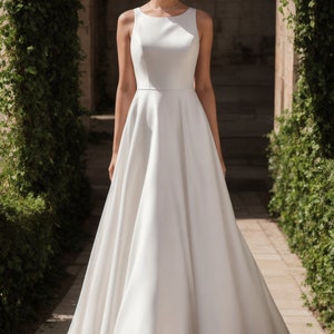 May include: A white sleeveless satin wedding dress with a simple, elegant design. The dress has a fitted bodice and a flowing A-line skirt.