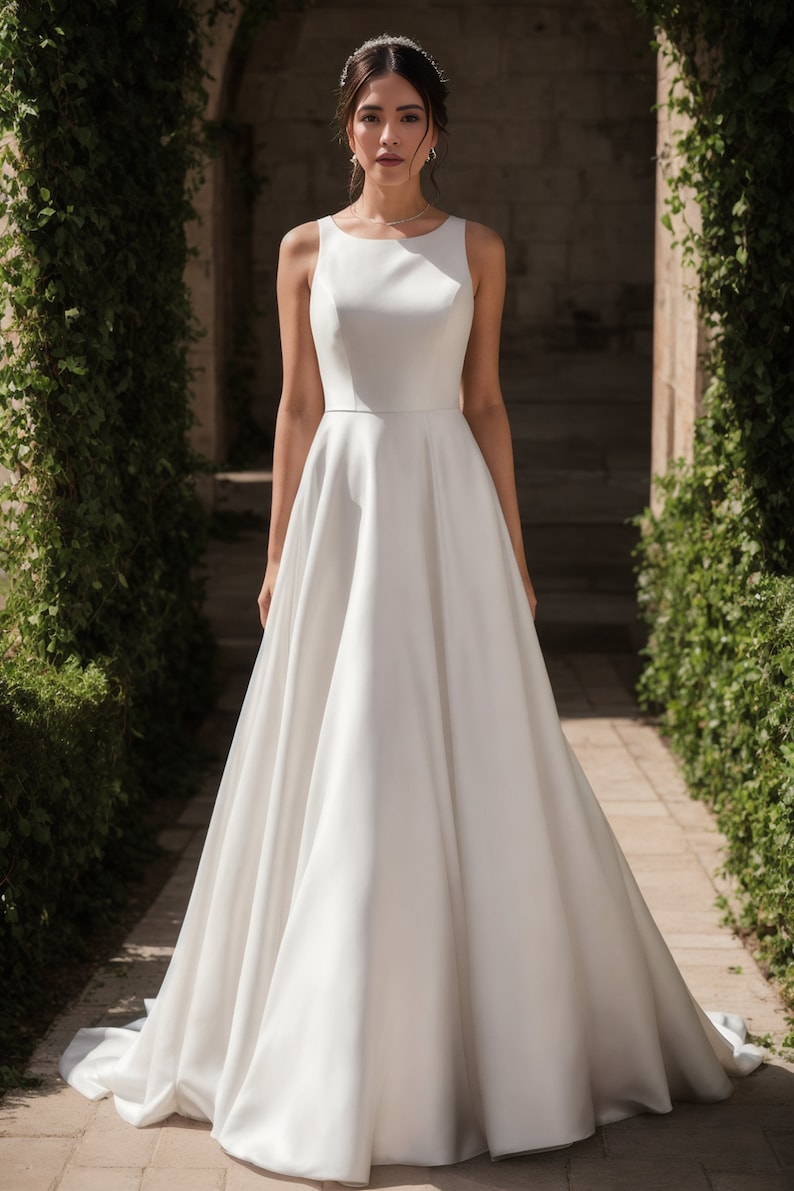May include: A white sleeveless satin wedding dress with a simple, elegant design. The dress has a fitted bodice and a flowing A-line skirt.