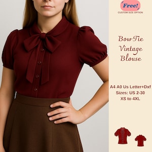 Puede incluir: Una blusa vintage burdeos con lazo, mangas cortas abullonadas y cuello redondo. La blusa tiene una botonadura frontal y un lazo a juego. El texto de la imagen dice "Bow Tie Vintage Blouse" y "Tallas: US 2-30 XS a 4XL".