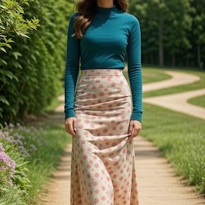 May include: A woman wearing a teal long-sleeved turtleneck shirt and a long, cream-colored skirt with a pink floral pattern. She is standing on a path in a park.