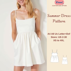 Patrón de costura de minivestido de verano fruncido, patrón de vestido de verano, vestido de lechera, vestido de lino, patrón de vestido de verano, tamaño A4 A0, carta estadounidense, XS-4XL