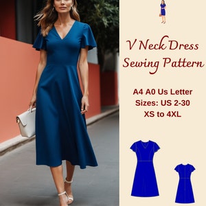 May include: A sewing pattern for a V-neck dress. The pattern includes sizes US 2-30, XS to 4XL, and is available in A4, A0, and US Letter sizes.
