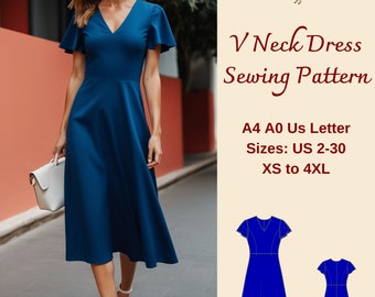 V Neck Dress Sewing Pattern, Flare Sleeves Dress, Sundress, Evening Dress, PDF Sewing Pattern, Pinafore Dress, Plus Size Pattern, XS-4XL