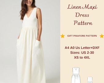 Linen Maxi Gathered Dress Sewing Pattern, Gathering Skirt, Linen Cottagecore dress, Shift Dress Pattern, Overall Dress, Boho Dress, XS-4XL