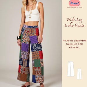 Op de afbeelding: Een digitaal naaipatroon voor wijde boho-broeken. Het patroon omvat de maten US 2-30, XS tot 4XL. Het patroon is verkrijgbaar in de formaten A4, A0 en US Letter, evenals in DXF-formaat. De afbeelding toont een model dat de broek draagt, die is gemaakt van een patchwork-stof in verschillende kleuren en patronen.