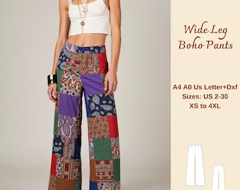 Wide Leg Boho Pants Sewing Pattern, Patchwork Pants, Quilted Pants, Boho Pants, Wide Leg Pants, Festival Pants, Easy Pants Pattern, XS-4XL