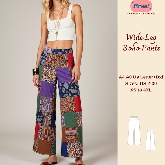 Wide Leg Boho Pants Sewing Pattern, Patchwork Pants, Quilted Pants, Boho Pants, Wide Leg Pants, Festival Pants, Easy Pants Pattern, XS-4XL
