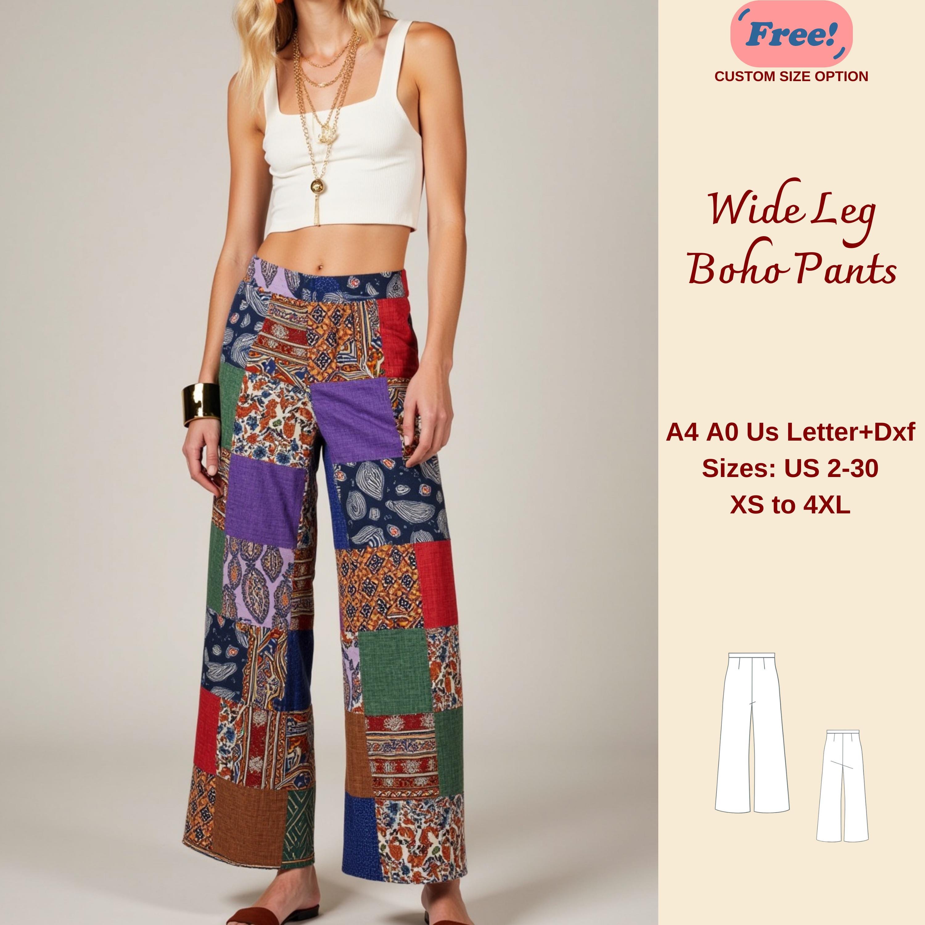Wide Leg Boho Pants Sewing Pattern, Patchwork Pants, Quilted