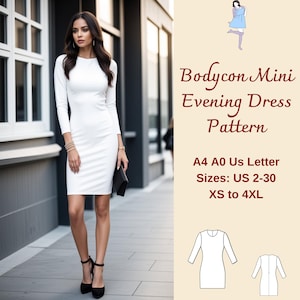 Op de afbeelding: Een wit bodycon mini avondjurk patroon in maten US 2-30, XS tot 4XL. Het patroon is beschikbaar in A4, A0 en US Letter formaten. De afbeelding toont een vrouw die een witte jurk, een zwarte clutch en zwarte hakken draagt.