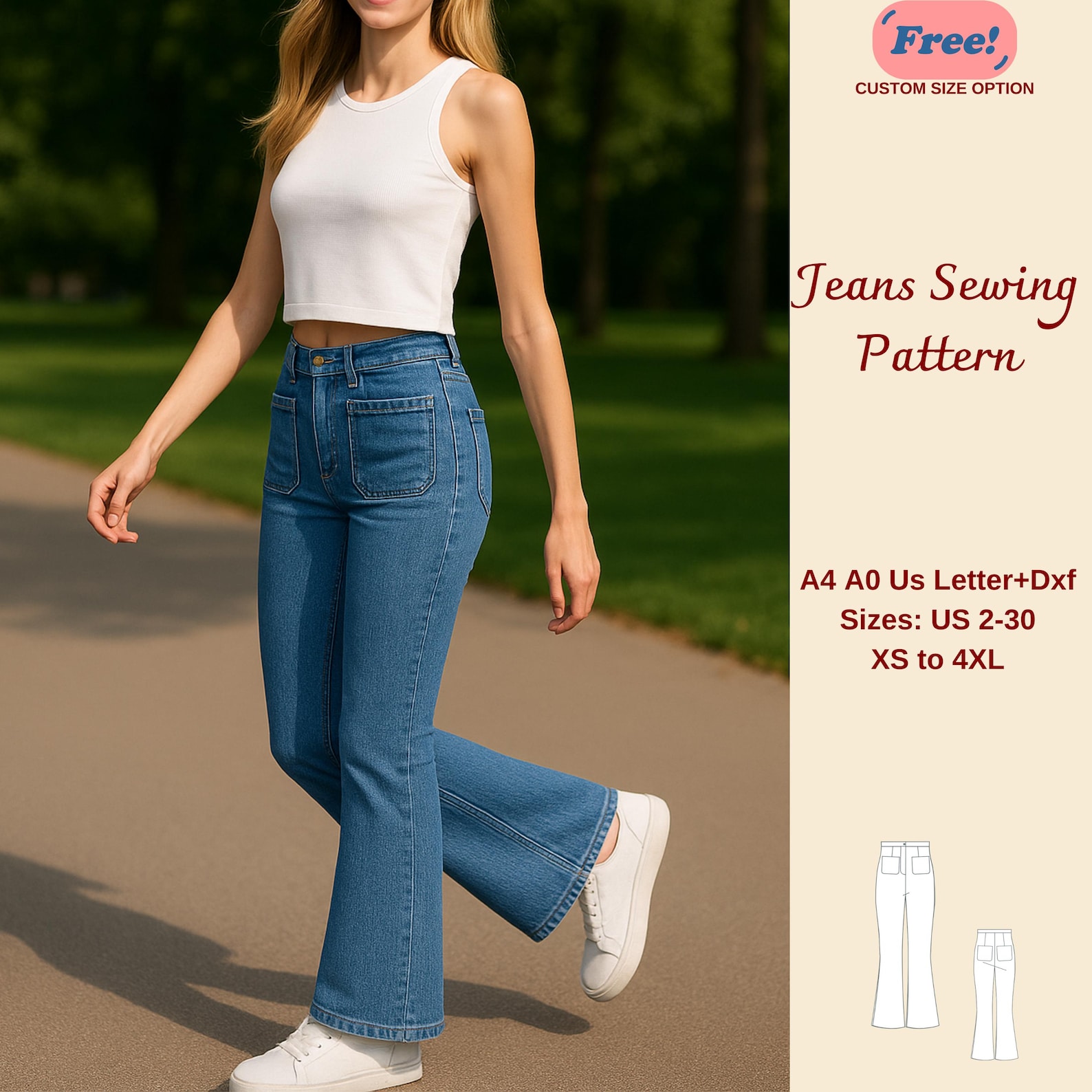 Flare Leg Jeans Sewing Pattern: Highrise Denim Pants (digital Download ...