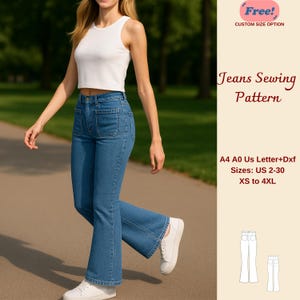Peut inclure: Une femme porte un débardeur blanc et un jean bleu à jambes évasées. Le jean a des poches avant. L'image comprend le texte "Jeans Sewing Pattern" et des options de taille de US 2-30 et XS à 4XL.