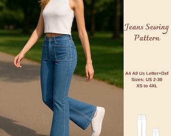 Naaipatroon jeans met wijd uitlopende pijpen: spijkerbroek met hoge taille (digitale download)