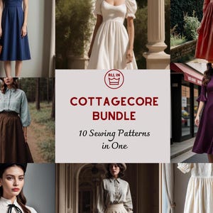 Peut inclure: Un collage d'images présentant 10 modèles de couture différents de style cottagecore. Le texte "Cottagecore Bundle" et "10 Sewing Patterns in One" est affiché en rouge sur un fond blanc.