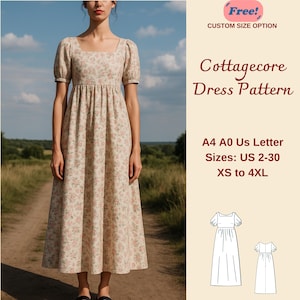 Cottagecore Gathered Dress Sewing Pattern, Fairy Cottagecore Dress, Summer Cottagecore Dress, Prairie Dress, Floral Dress, XS-4XL