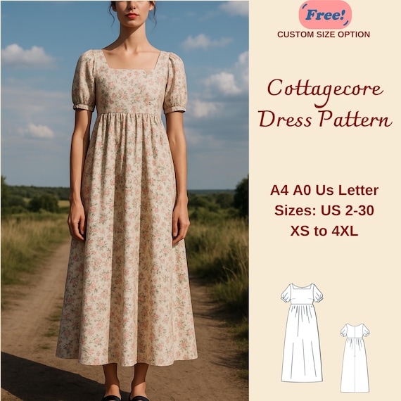 Cottagecore Gathered Dress Sewing Pattern, Fairy Cottagecore Dress, Summer Cottagecore Dress, Prairie Dress, Floral Dress, XS-4XL