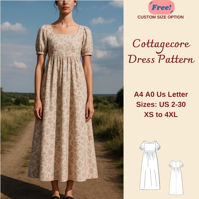 K&ouml;nnte beinhalten: Ein Schnittmuster f&uuml;r ein Cottagecore-Kleid mit floralem Muster, quadratischem Ausschnitt und kurzen Puff&auml;rmeln. Das Kleid ist hellbeige mit rosa floralen Akzenten. Das Schnittmuster umfasst die Gr&ouml;&szlig;en US 2-30 und XS bis 4XL.