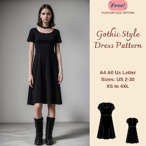 Puede incluir: Un patrón de vestido gótico negro en tallas US 2-30, XS a 4XL. El patrón está disponible en tamaños A4, A0 y US Letter. El patrón incluye una vista frontal y posterior del vestido.