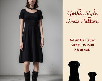 May include: A black gothic style dress pattern in sizes US 2-30, XS to 4XL. The pattern is available in A4, A0, and US Letter sizes. The pattern includes a front and back view of the dress.