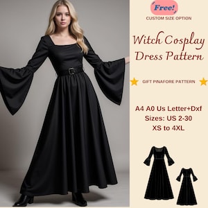 May include: A black witch cosplay dress pattern with long sleeves and a square neckline. The pattern includes sizes US 2-30, XS to 4XL. The pattern is available in A4, A0, and US Letter sizes. It also includes a free pinafore pattern.