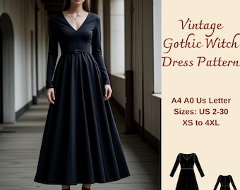 Op de afbeelding: Een zwart vintage gotisch heksenjurkpatroon in de maten XS tot 4XL. Het patroon bevat instructies voor het naaien van een lange mouwen jurk met een V-hals en een getailleerd lijfje. Het patroon is verkrijgbaar in de maten A4, A0 en US Letter.